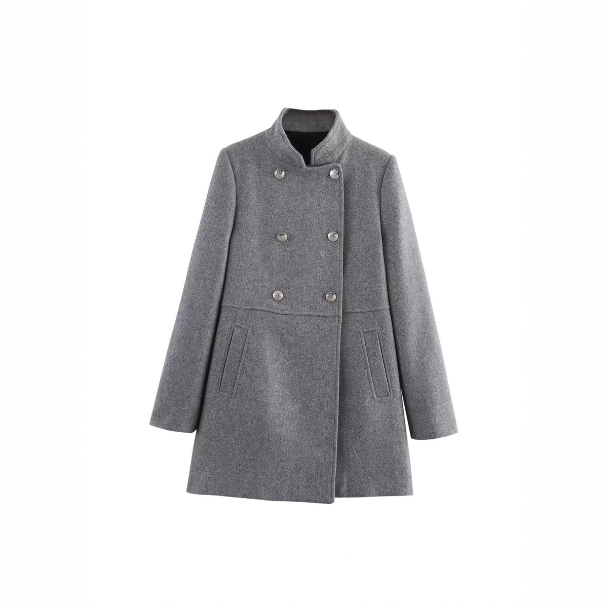 Women's Double-Breasted Wool Blend Coat with Stand Collar and Decorative Buttons Fashion Glam