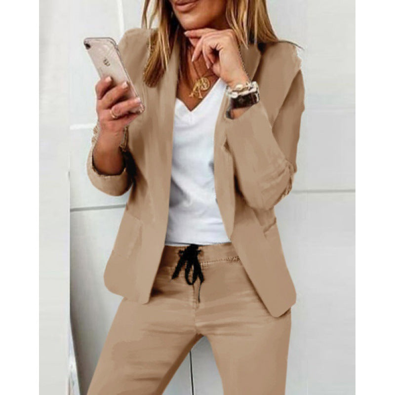 Women's Two-Piece Stretch Jersey Blazer Set with Drawstring Jogging Pants Fashion Glam