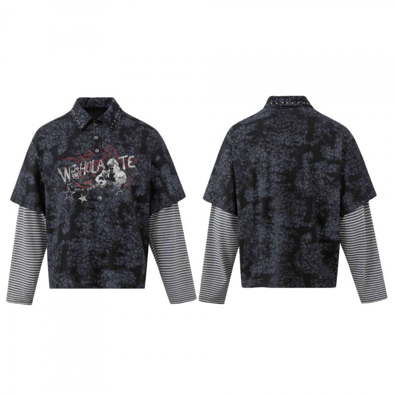 Unisex Layered Look Polo Shirt with Studded Collar, Graphic Print and Striped Sleeves Fashion Glam