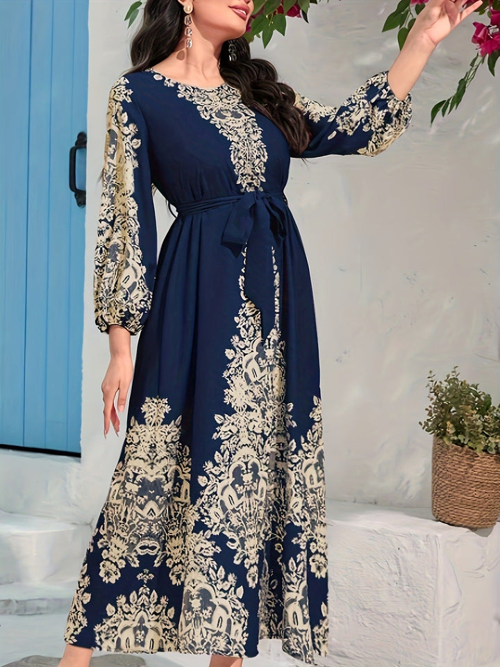 TOVE – WOMEN'S NAVY BLUE PRINTED V-NECK LONG SWING DRESS