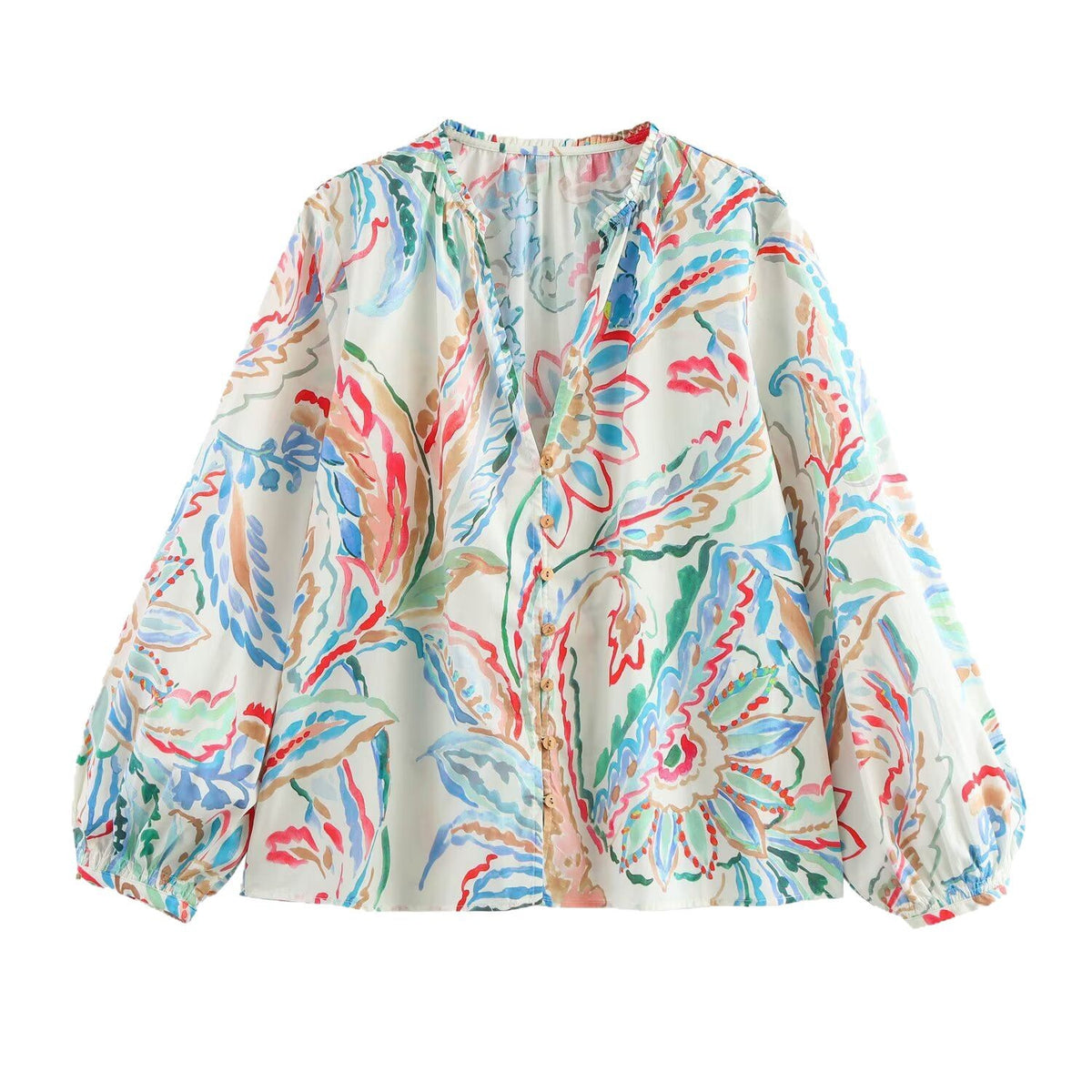 Ladies Lightweight Viscose Blouse with Watercolor Floral Print, V-Neck and Balloon Sleeves Fashion Glam
