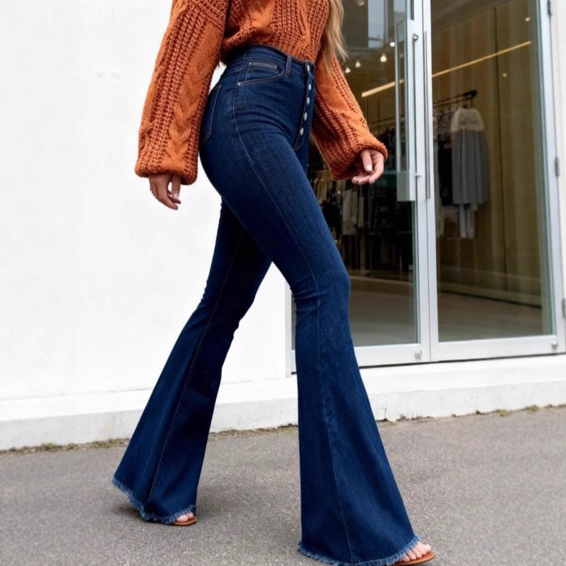 Ladies high-waisted retro flared jeans with visible button placket and flared leg Fashion Glam