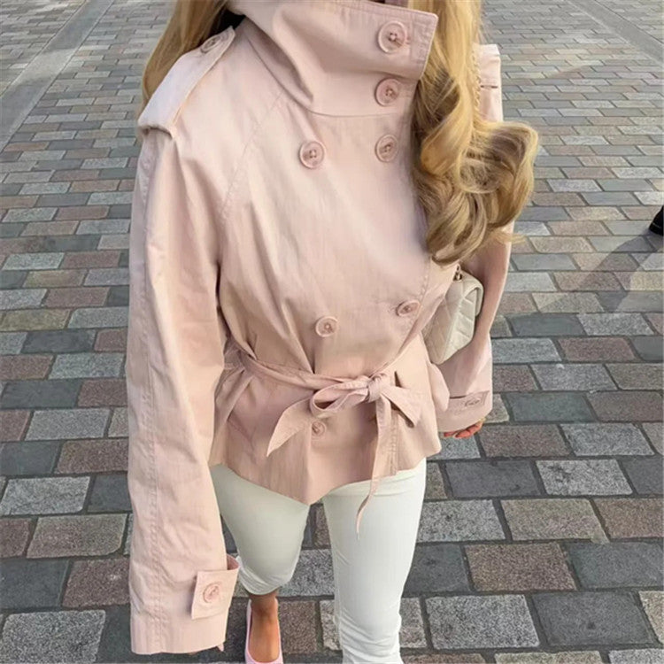Women's Short Double-Breasted Trench Coat with Stand Collar, Tied Belt and Epaulettes Fashion Glam