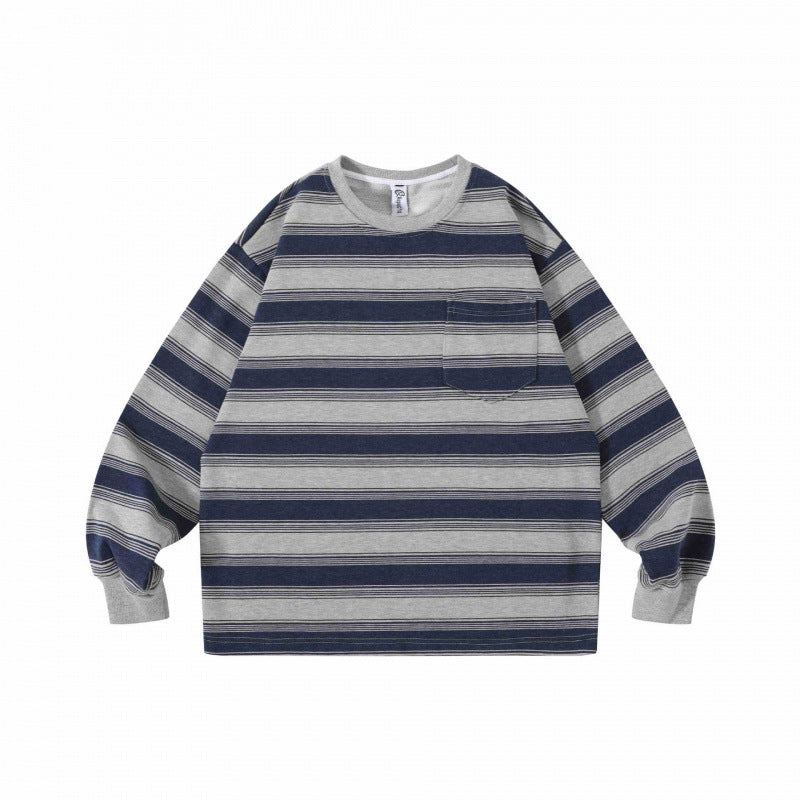 Unisex Oversize Striped Sweatshirt with Chest Pocket and Round Neck Fashion Glam