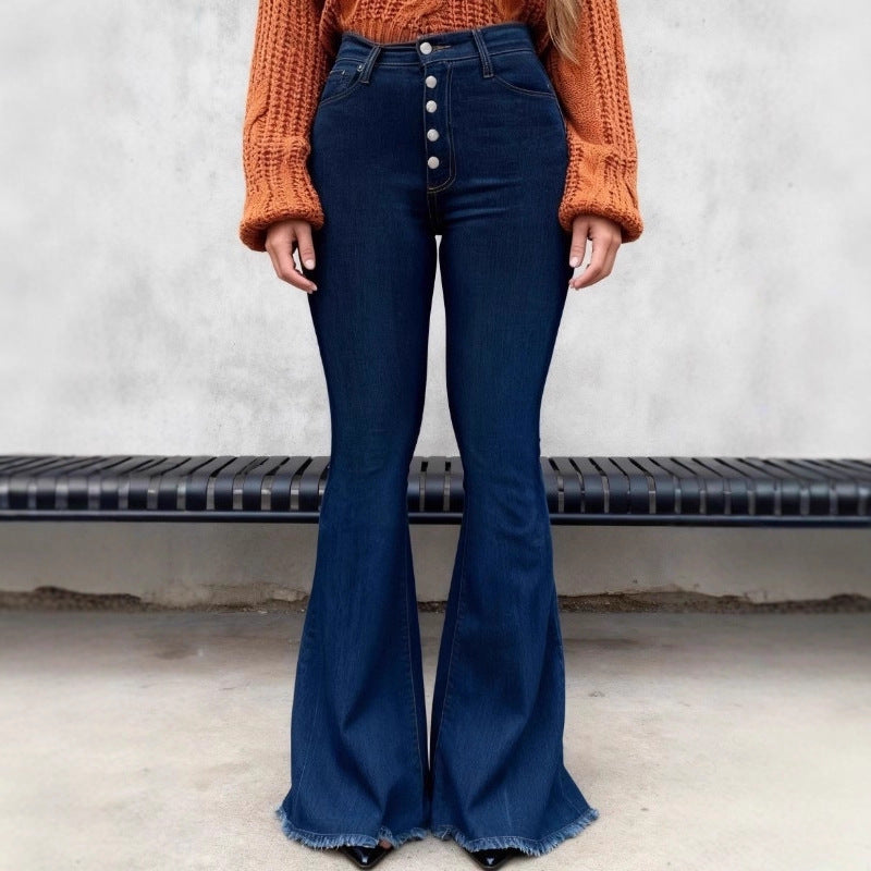 Ladies high-waisted retro flared jeans with visible button placket and flared leg Fashion Glam