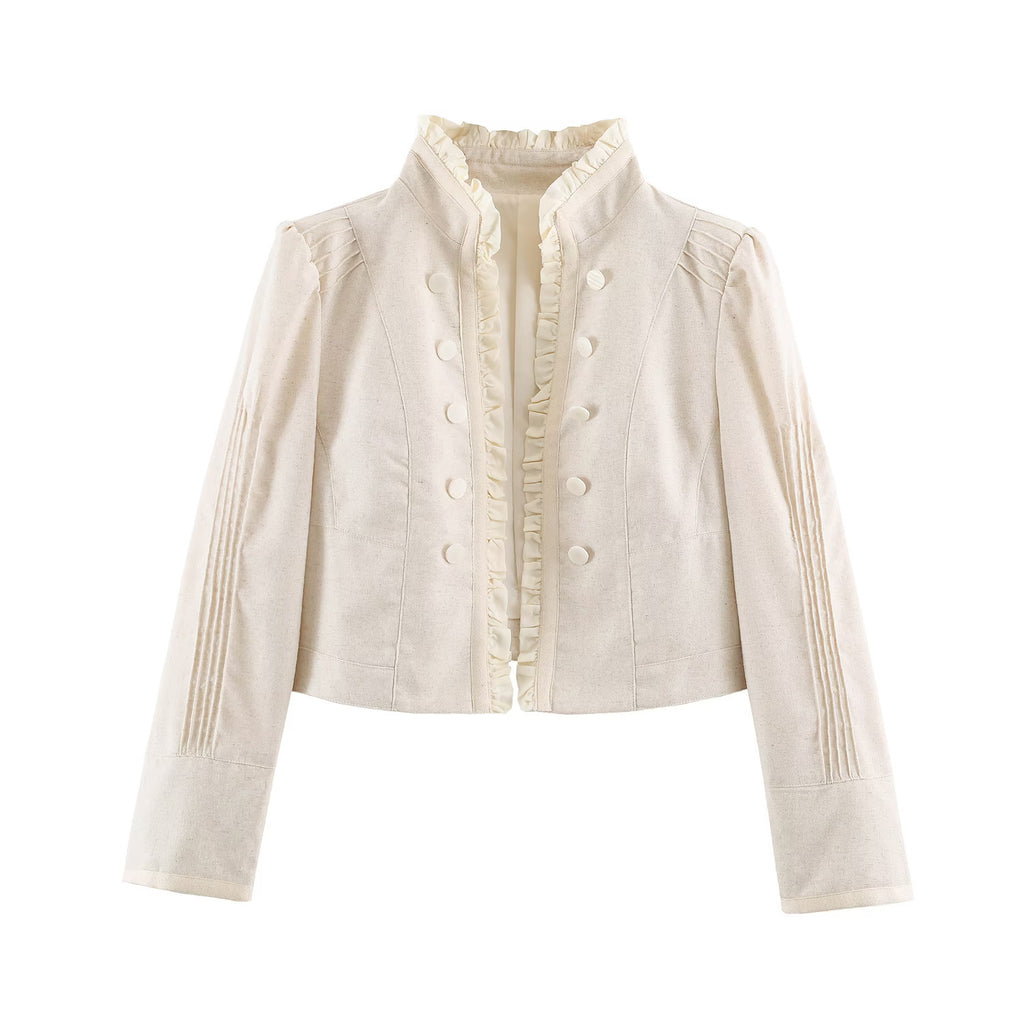 Women tailored short jacket with ruffled collar and decorative button placket Fashion Glam