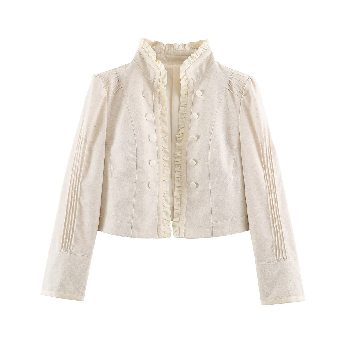 Women tailored short jacket with ruffled collar and decorative button placket Fashion Glam