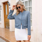 Women's Short Blazer Made of Boucle Tweed with Sequins and Flap Pockets Fashion Glam