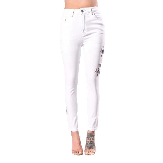 Women High-Waisted Sculpting Skinny Jeans with Side Floral Embroidery Fashion Glam