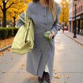 Women's Longer Tailored Wool Blend Coat with Asymmetrical Button Placket and Round Neck Fashion Glam