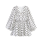 Ladies Polka Dot Blouse with Deep V-Neck, Gathered Waistline and Voluminous Balloon Sleeves Fashion Glam
