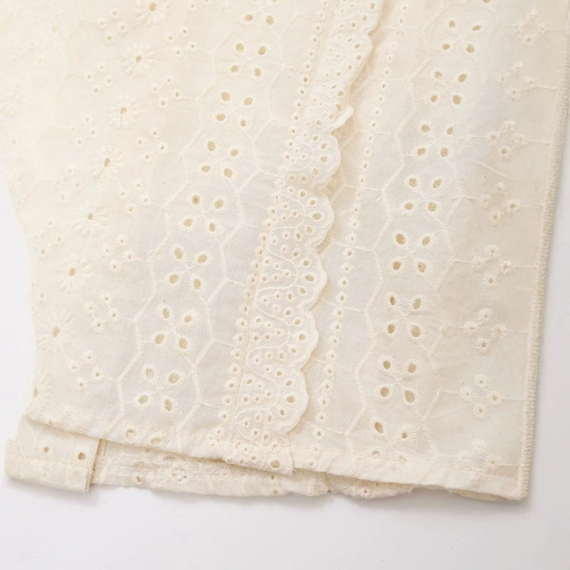 Ladies Broderie Anglaise Cotton Blouse with Ruffle Trim and Balloon Sleeves Fashion Glam