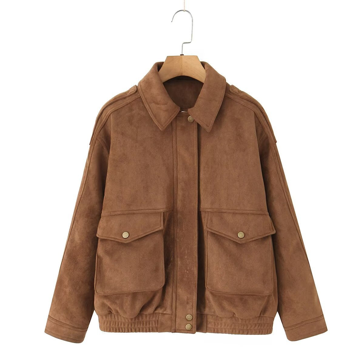 Women's Oversize Suede-Look Bomber Jacket with Flap Pockets and Elastic Hem Fashion Glam