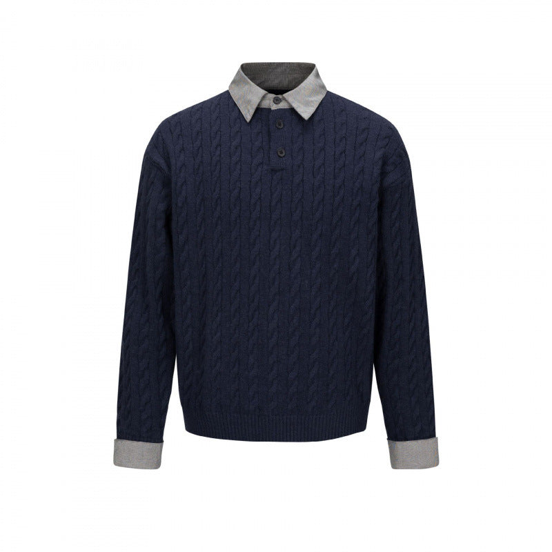 Men's Structured Cable Knit Henley Sweater with Contrast Shirt Collar and Cuff Turn-ups Fashion Glam