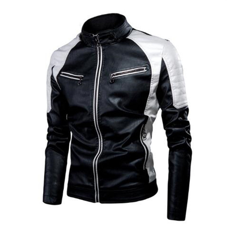 Men's Slim Fit Motorcycle Faux Leather Jacket with Contrast Panels, Quilted Shoulders and Zipper Pockets Fashion Glam