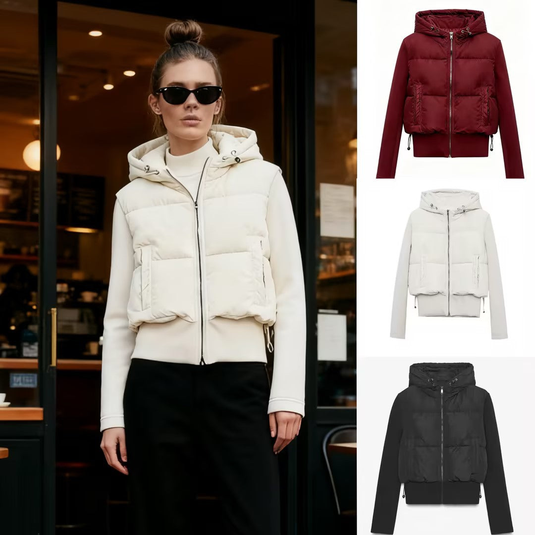 Women's short cut hybrid padded jacket with hood, ribbed cuffs and drawstring Fashion Glam