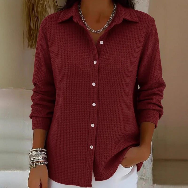 Women's Structured Shirt Blouse in Waffle Knit with Classic Collar and Continuous Button Placket Fashion Glam