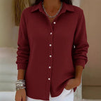 Women's Structured Shirt Blouse in Waffle Knit with Classic Collar and Continuous Button Placket Fashion Glam