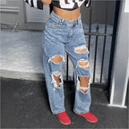 Womens High-Waisted Destroyed Baggy Jeans with Wide Leg and Knee Rips Fashion Glam