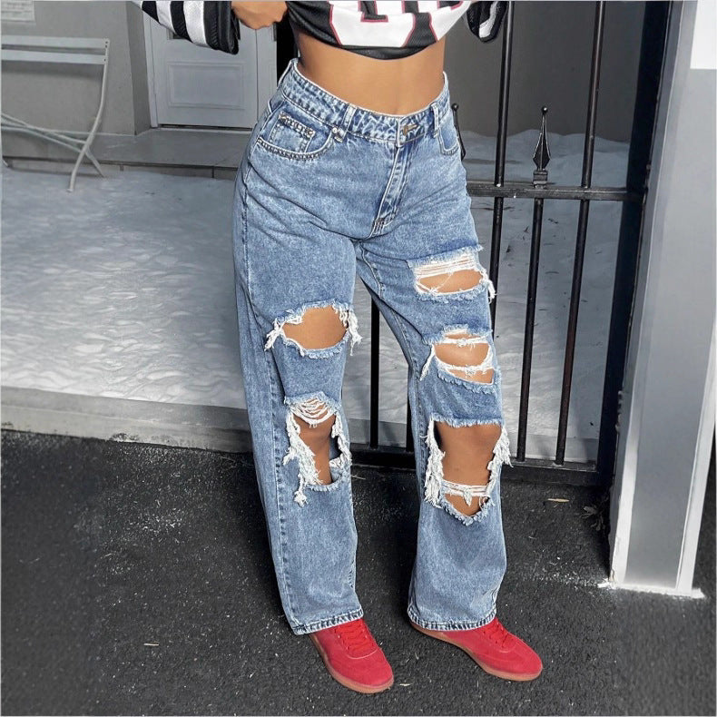 Womens High-Waisted Destroyed Baggy Jeans with Wide Leg and Knee Rips Fashion Glam
