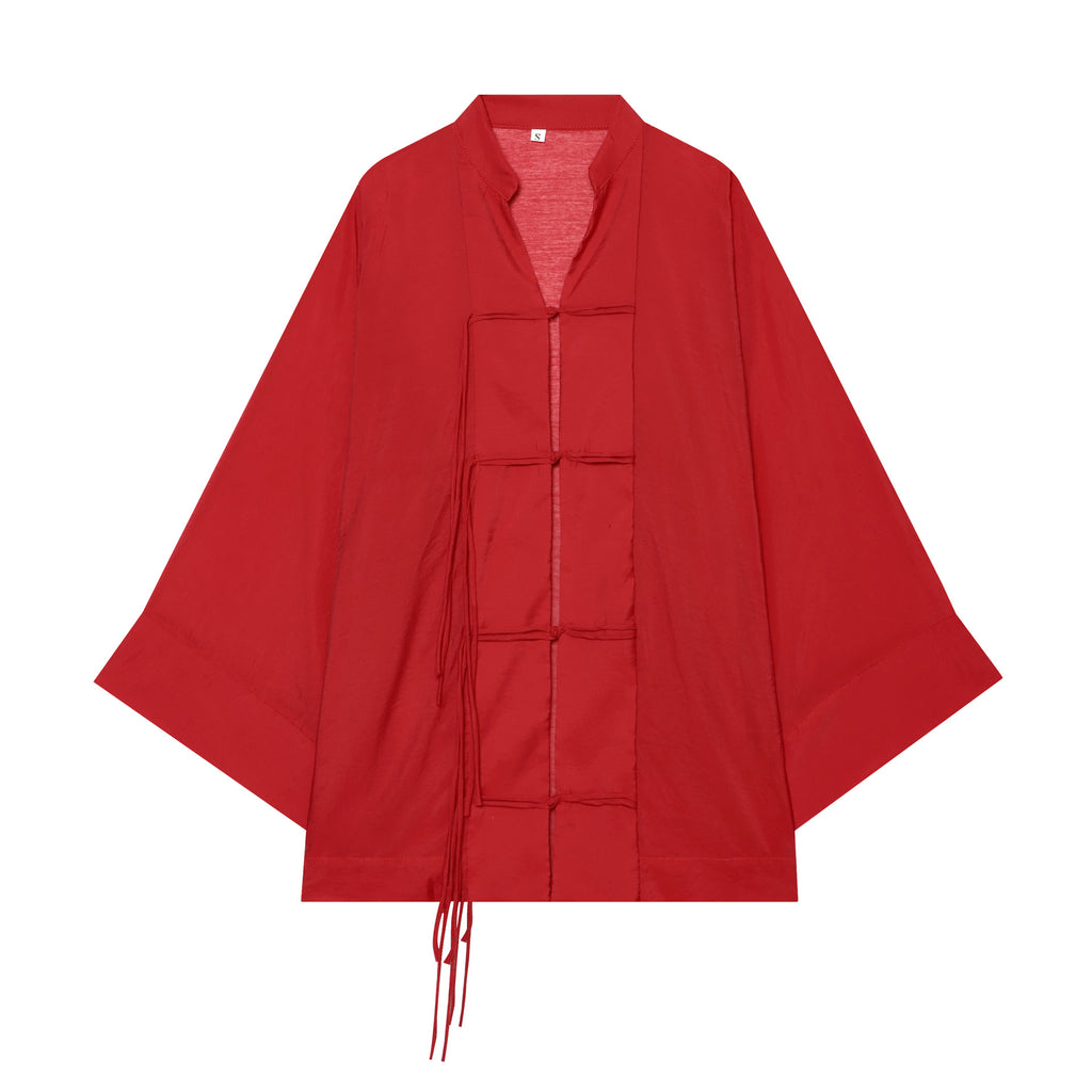 Women's Kimono-Cape Jacket with Chinese Button Closure and Long Tassels Fashion Glam