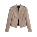 Women's military-inspired fitted short jacket with stand-up collar and decorative button placket Fashion Glam