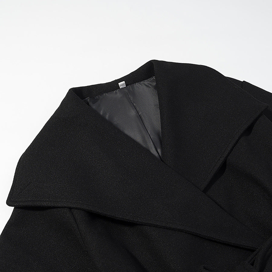 Women's Short Wool Blend Coat with Wide Shawl Collar and Waist Belt Fashion Glam