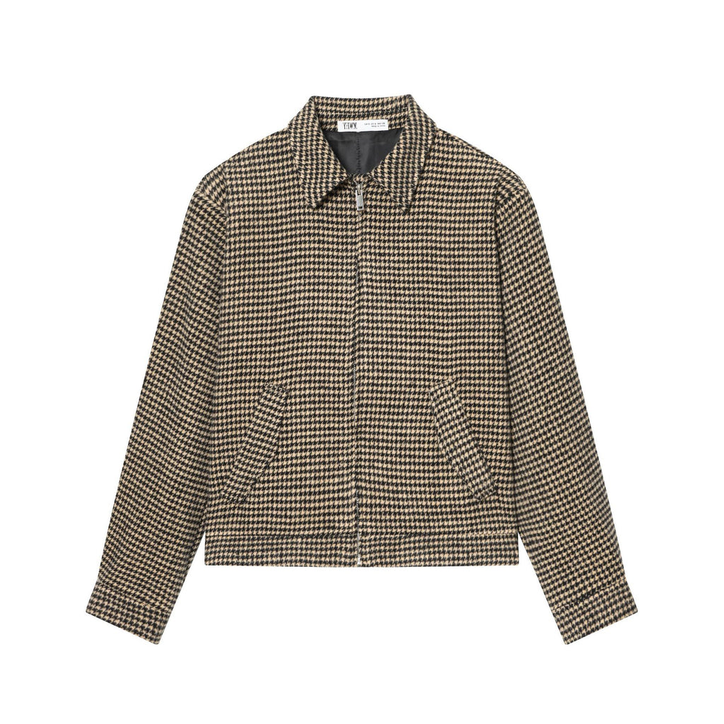 Women Boxy Short Jacket made of Wool Blend with Houndstooth Pattern, Zipper and Shirt Collar Fashion Glam