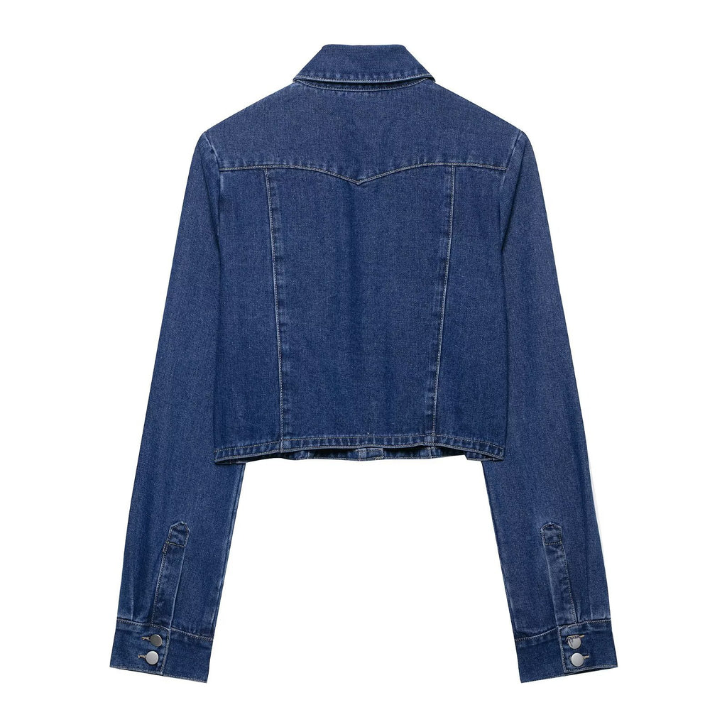 Women Short Cut Denim Jacket with Chest Pockets and Snap Placket Fashion Glam