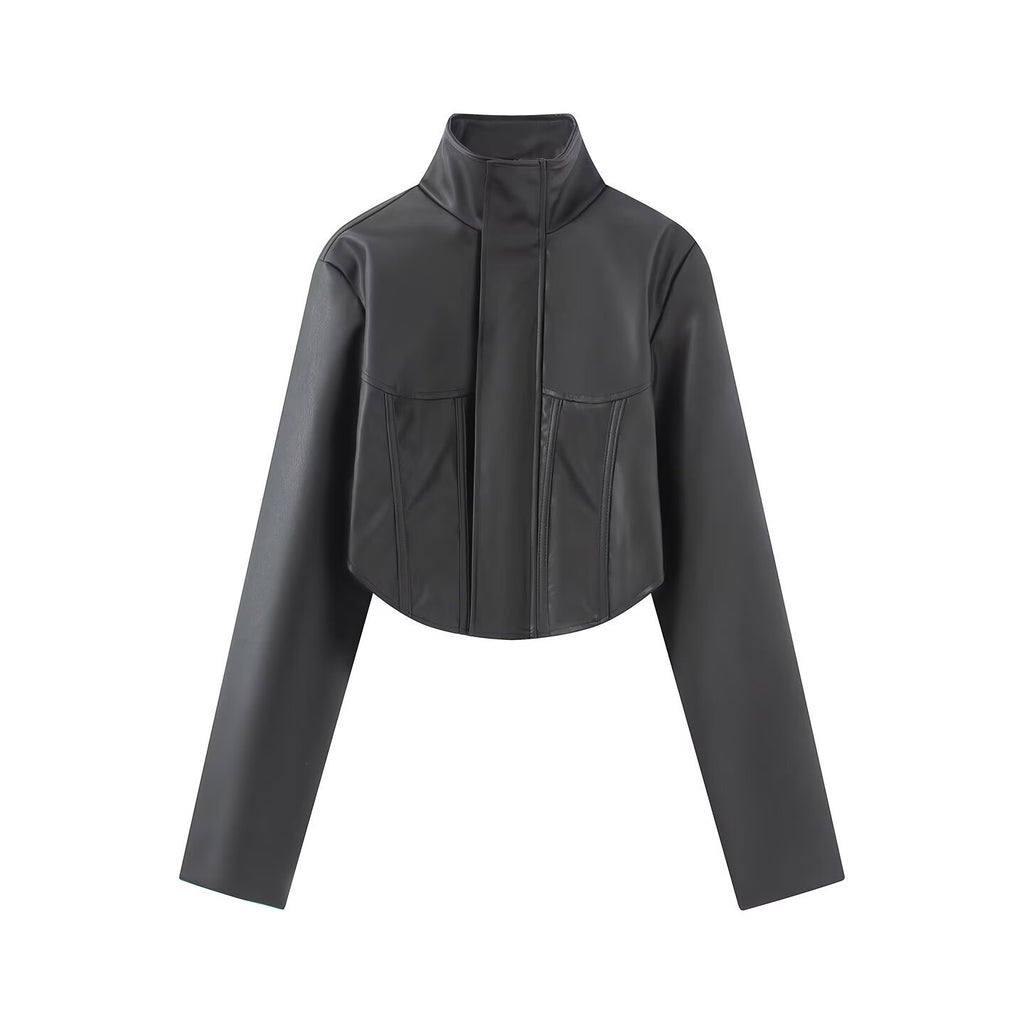 Women's Cropped Faux Leather Jacket with Stand-Up Collar and Tailored Seams Fashion Glam