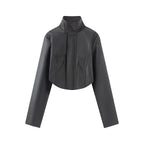 Women's Cropped Faux Leather Jacket with Stand-Up Collar and Tailored Seams Fashion Glam