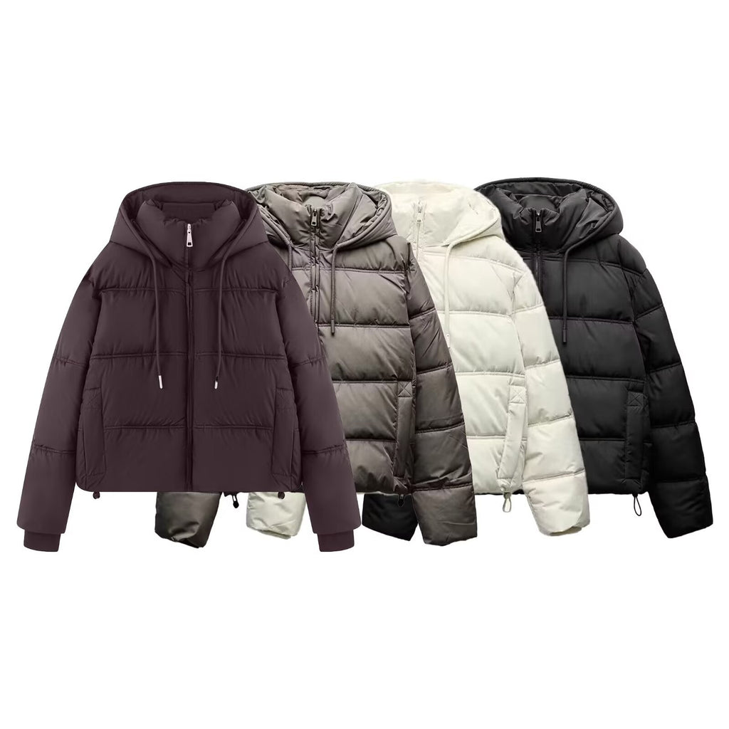 Women's Cropped Padded Jacket with High Hood, Drawstring and Ribbed Cuffs Fashion Glam