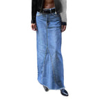 Ladies high-waisted denim maxi skirt with straight cut, decorative seams and raw fringe hem Fashion Glam