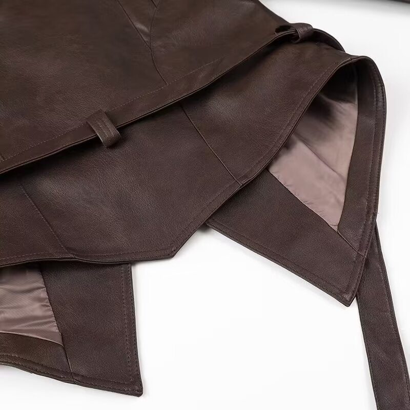 Ladies leather jacket with wrap belt, asymmetrical hem and decorative eyelets Fashion Glam