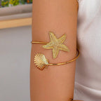 Women Open Bangle with Maritime Star and Shell Design Fashion Glam