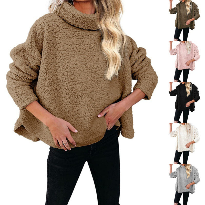 Women's Oversized Sherpa Pullover with High Roll Neck, Extended Back Hem and Casual Silhouette Fashion Glam