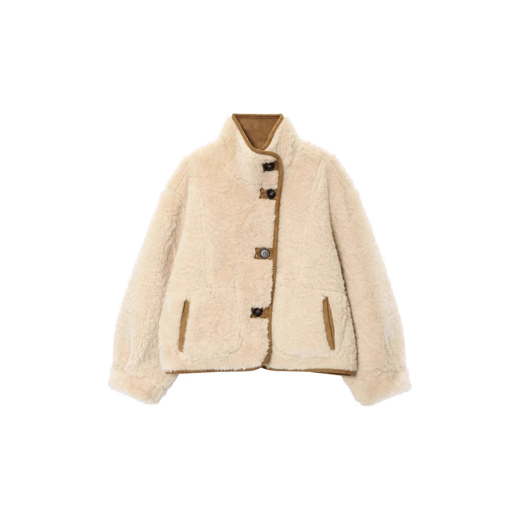 Women's short jacket in lambskin look with stand-up collar, patch pockets, and button placket Fashion Glam