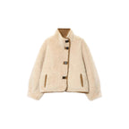 Women's short jacket in lambskin look with stand-up collar, patch pockets, and button placket Fashion Glam