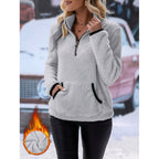Women's fluffy fleece cuddle pullover with half zipper, kangaroo pocket and stand-up collar Fashion Glam