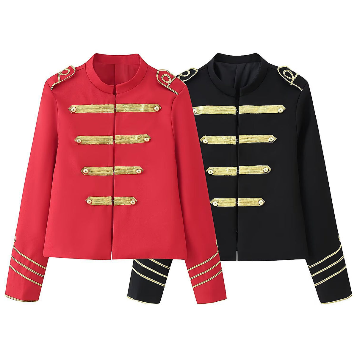 Ladies Cropped Military Jacket with Gold Embroidered Galloons and Stand-up Collar Fashion Glam