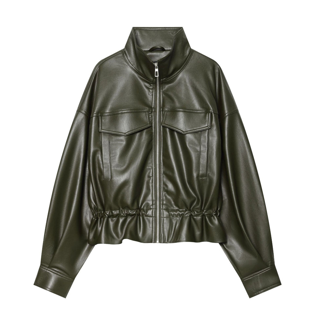 Women's Cropped Faux Leather Blouson with Drawstring, Patch Flap Pockets and High Stand Collar Fashion Glam