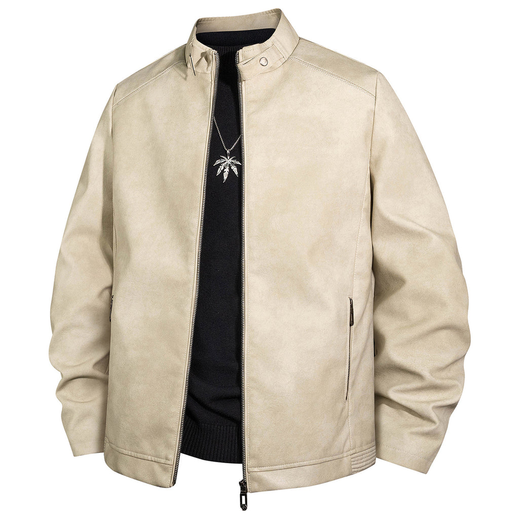 Men's Vintage Leather Look Bomber Jacket with Stand-up Collar and Zipper Fashion Glam