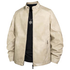 Men's Vintage Leather Look Bomber Jacket with Stand-up Collar and Zipper Fashion Glam