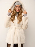 Women's Faux Fur Coat with Hood and Waist Belt Fashion Glam