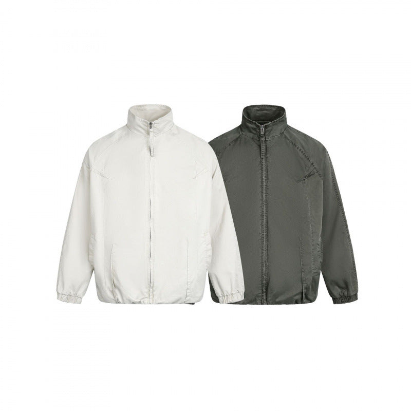 Men's Minimalist Nylon Bomber Jacket with Stand Collar, Raglan Sleeves and Gathered Hem Fashion Glam