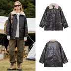Women's Oversized Faux Leather Field Jacket with Detachable Teddy Collar and Flap Pockets Fashion Glam