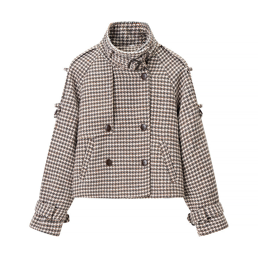 Ladies short jacket in houndstooth with stand-up collar, double-breasted and waist details Fashion Glam