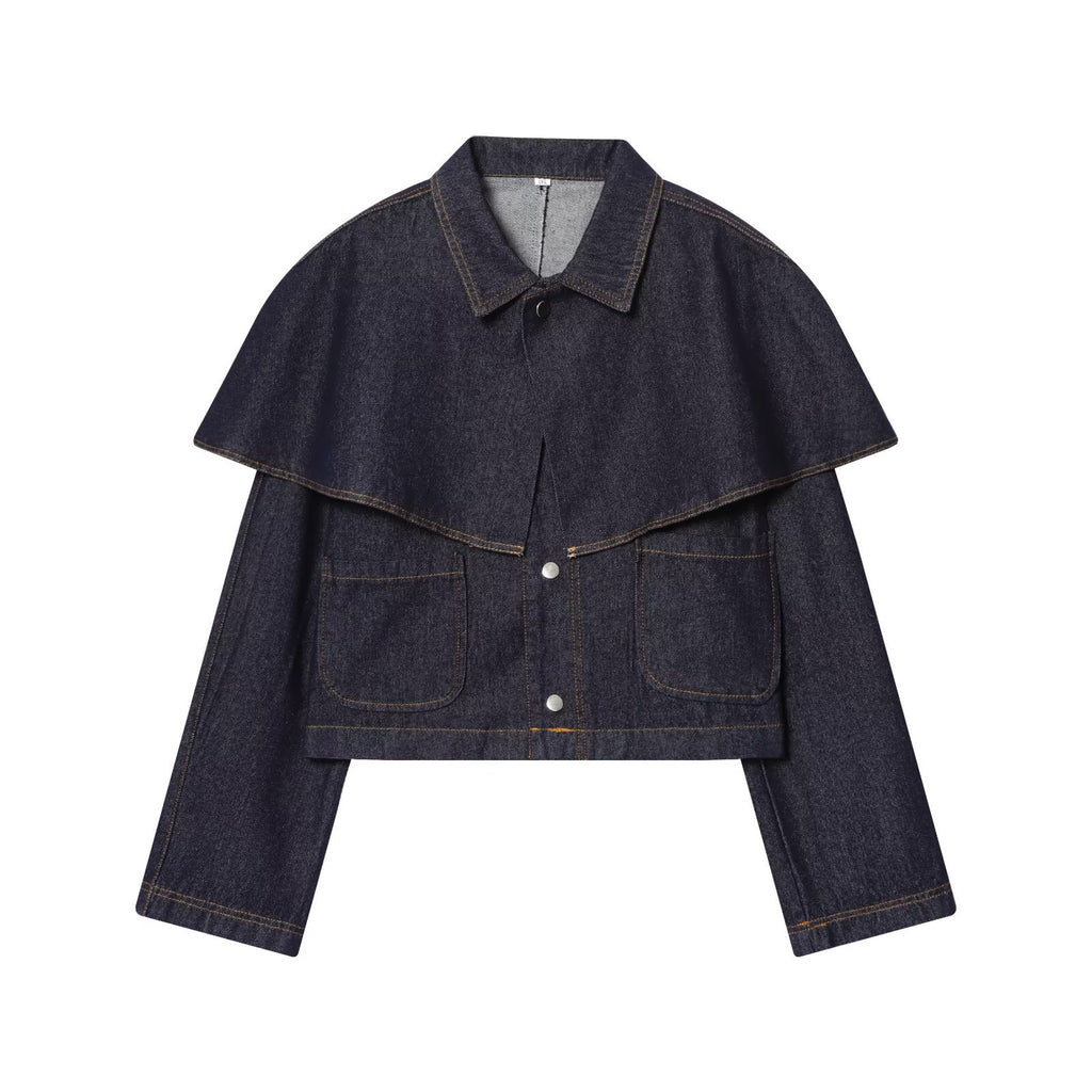 Women's Short Jeans Jacket with Cape Insert, Flap Pockets and Snap Buttons Fashion Glam