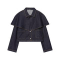 Women's Short Jeans Jacket with Cape Insert, Flap Pockets and Snap Buttons Fashion Glam