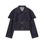 Women's Short Jeans Jacket with Cape Insert, Flap Pockets and Snap Buttons Fashion Glam